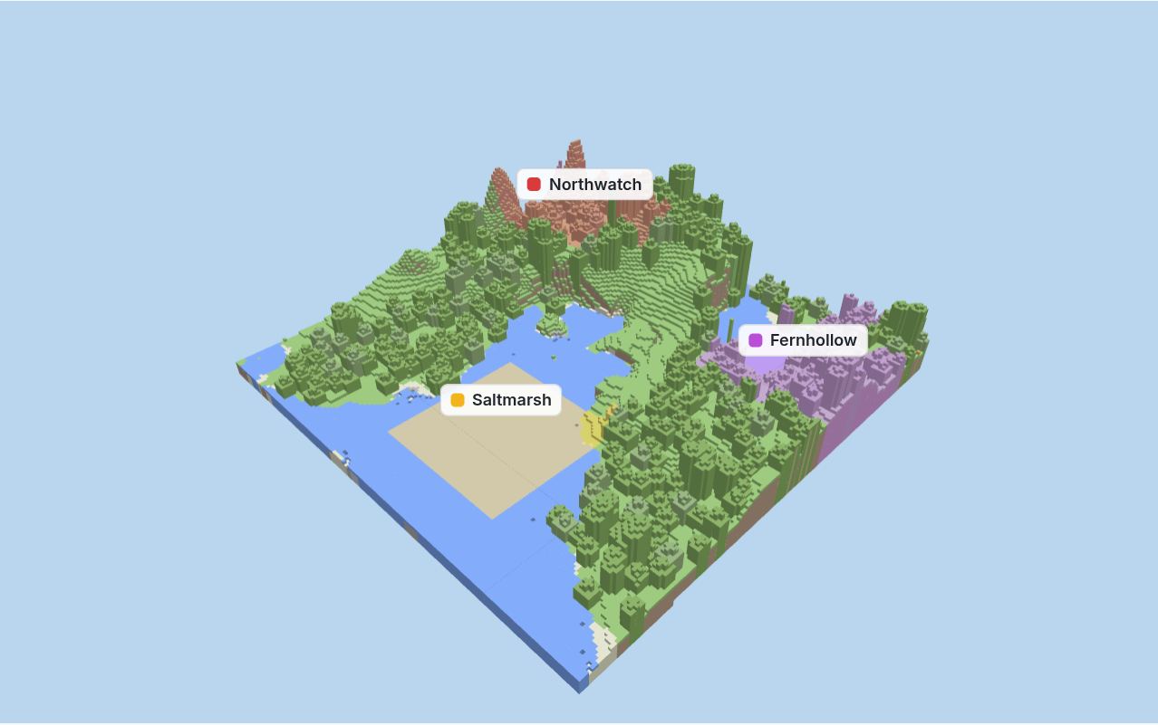 A 160 by 160-block patch of Minecraft terrain seen at an angle, with hills, trees and water, and three example factions' claimed chunks tinted red, yellow and purple.