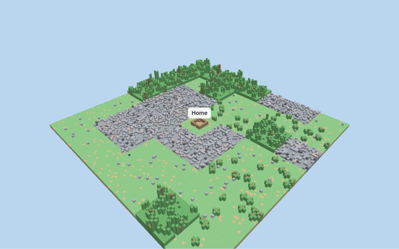 A Roam world of seven by seven rooms seen at an angle: grassland, forest, jungle and mountain rooms in flat catalog colours, with raised stone and tree canopies.